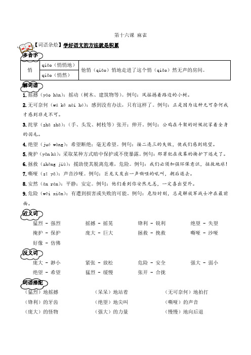 2023-2024学年小学四年级上学期语文教材同步知识点与配套练习16《麻雀》含答案