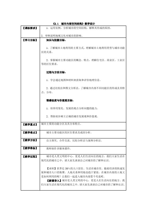 必修二 湘教版2.1城市内部空间结构 课程教学设计