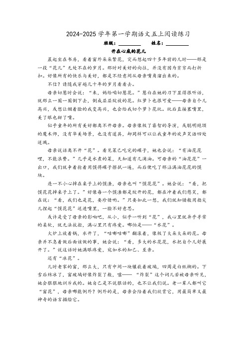 2024-2025学年第一学期语文五上阅读优质练习四(含优质答案)