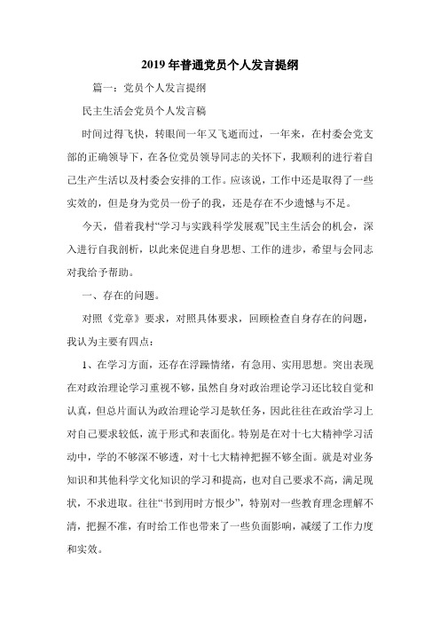 2019年普通党员个人发言提纲.doc