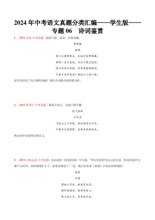 2024年中考语文真题分类汇编——学生版——专题06 诗词鉴赏