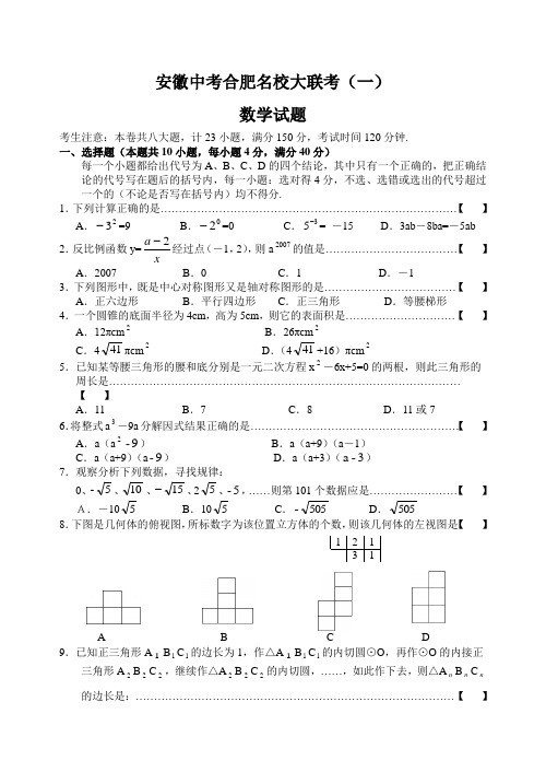 安徽中考合肥名校大联考数学试题(一)