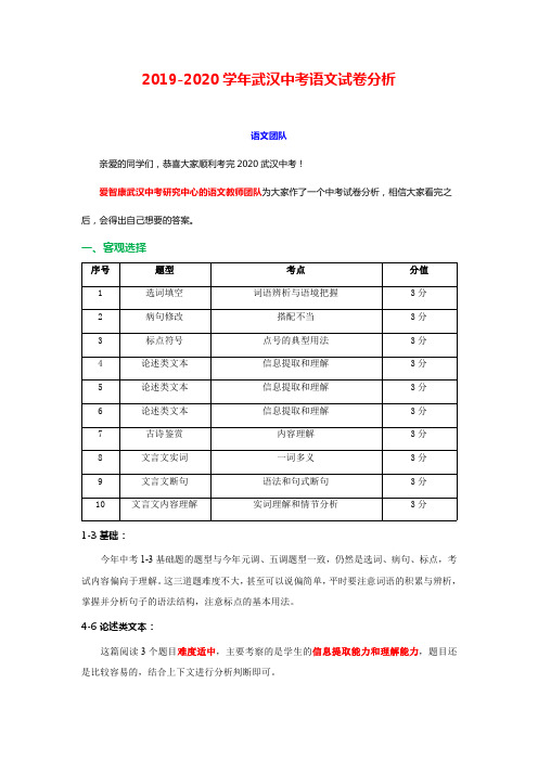 2019-2020 学年武汉中考语文试卷分析