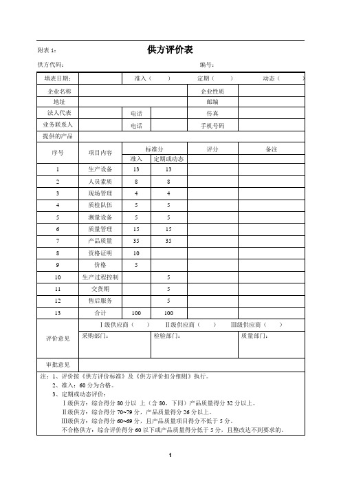 供方评价标准及供方评价调查表