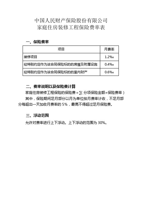 人保(备案)[2009]N275号-家庭住房装修工程保险条款(2009版)的费率