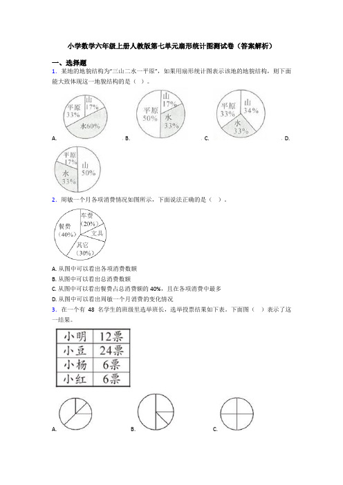 小学数学六年级上册人教版第七单元扇形统计图测试卷(答案解析)