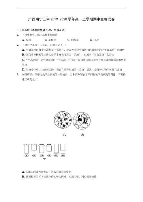 广西南宁三中2019-2020学年高一上学期期中生物试卷 (含解析)