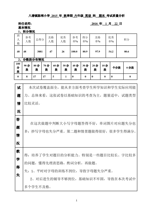 2015年秋六年级英语期末质量分析