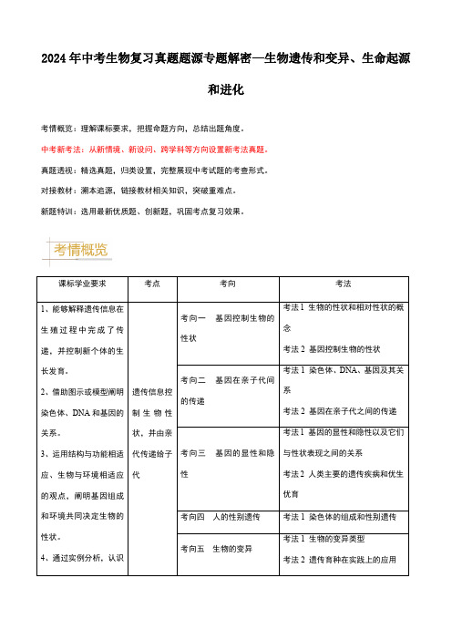 2024年中考生物复习真题题源专题解密—生物遗传和变异、生命起源和进化