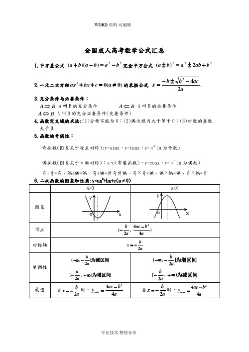 全国成人高考数学公式汇总