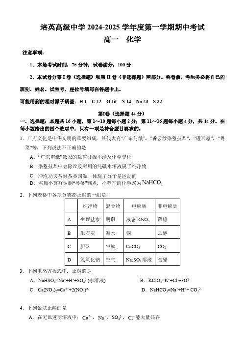 广东省江门市培英高级中学2024-2025学年高一上学期期中考试化学试题(含答案)