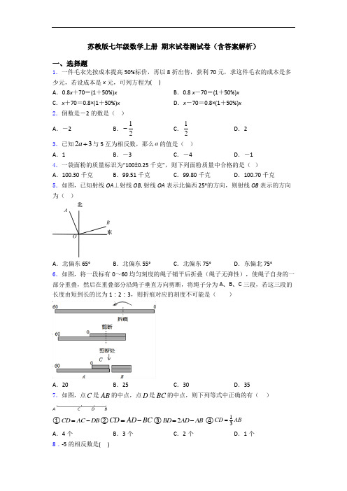 苏教版七年级数学上册 期末试卷测试卷(含答案解析)