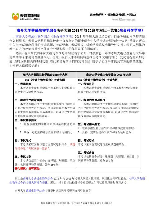 南开大学普通生物学综合考研大纲2018年与2019年对比一览表(生命科学学院)