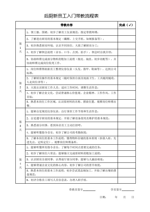 后厨新员工入门带教流程表