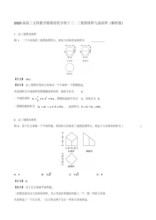 2020届高三文科数学精准培优专练十三：三视图体积与表面积(解析版)