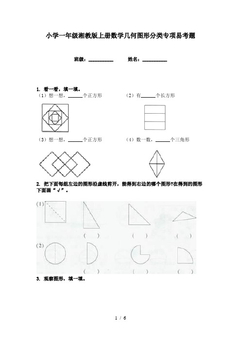 小学一年级湘教版上册数学几何图形分类专项易考题