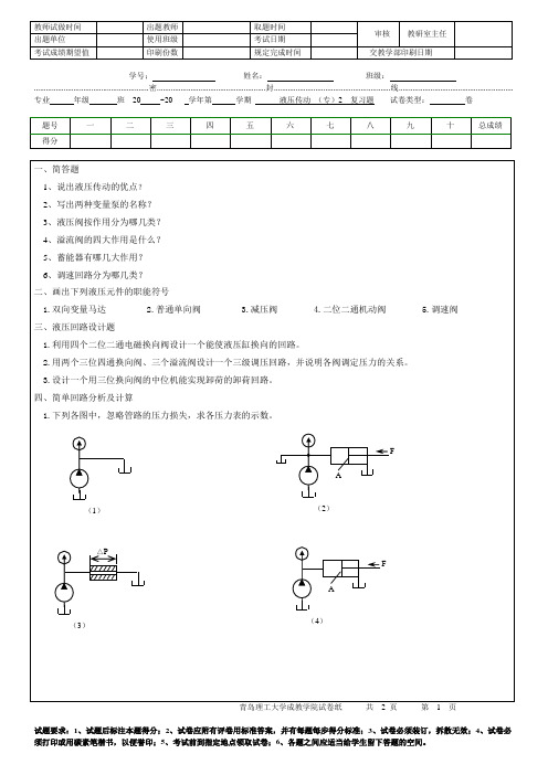 青岛理工大学液压传动复习题2(专)期末试题及参考答案