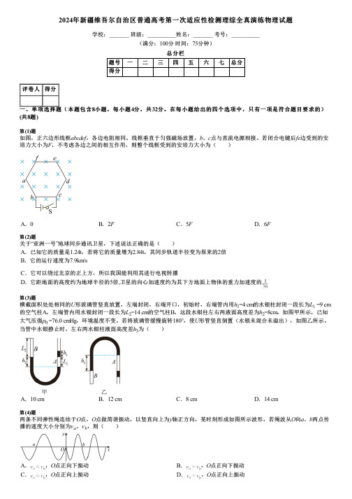 2024年新疆维吾尔自治区普通高考第一次适应性检测理综全真演练物理试题