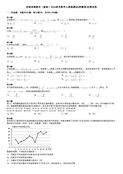 河南省鹤壁市(新版)2024高考数学人教版测试(押题卷)完整试卷