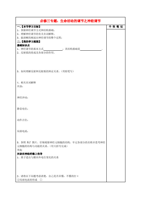 河北省清河挥公实验中学高考生物一轮复习 专题 神经调节学案(无答案)