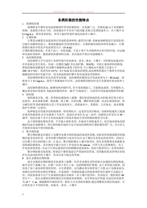 各类阳极的性能特点 