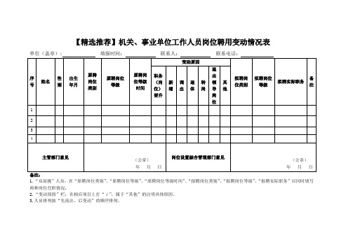 机关事业单位工作人员岗位聘用变动情况表