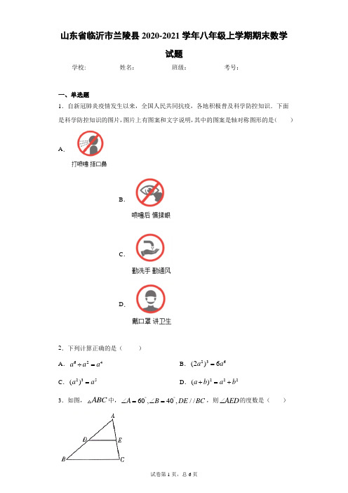 山东省临沂市兰陵县2020-2021学年八年级上学期期末数学试题