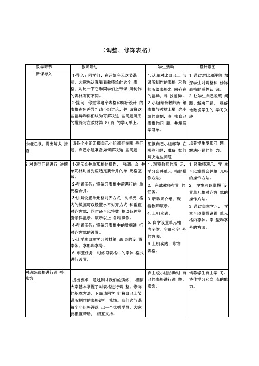 初中信息技术八年级上册《调整、修饰表格》表格式教案