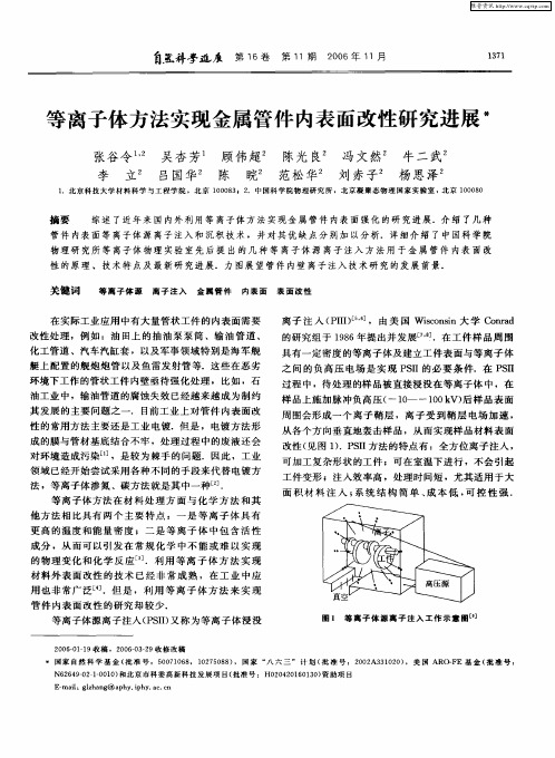 等离子体方法实现金属管件内表面改性研究进展