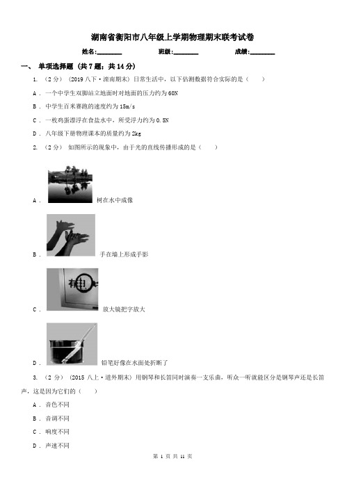 湖南省衡阳市八年级上学期物理期末联考试卷