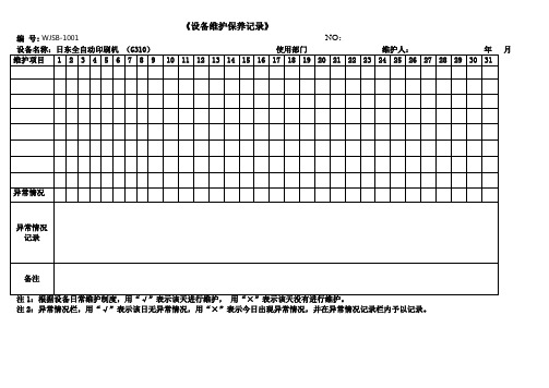 全自动动印刷机设备维护保养记录