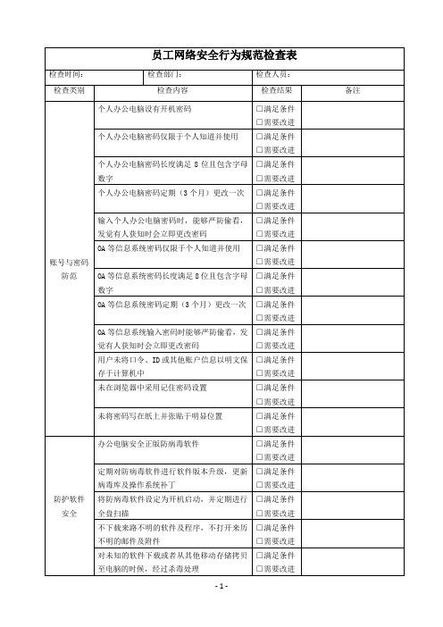 信息化安全 员工网络安全行为规范检查表