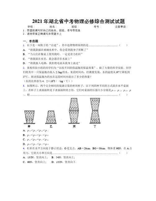 2021年湖北省中考物理必修综合测试试题附解析