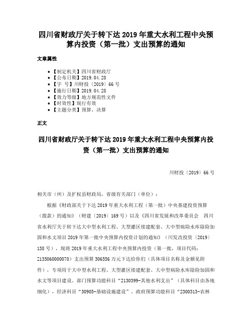 四川省财政厅关于转下达2019年重大水利工程中央预算内投资（第一批）支出预算的通知