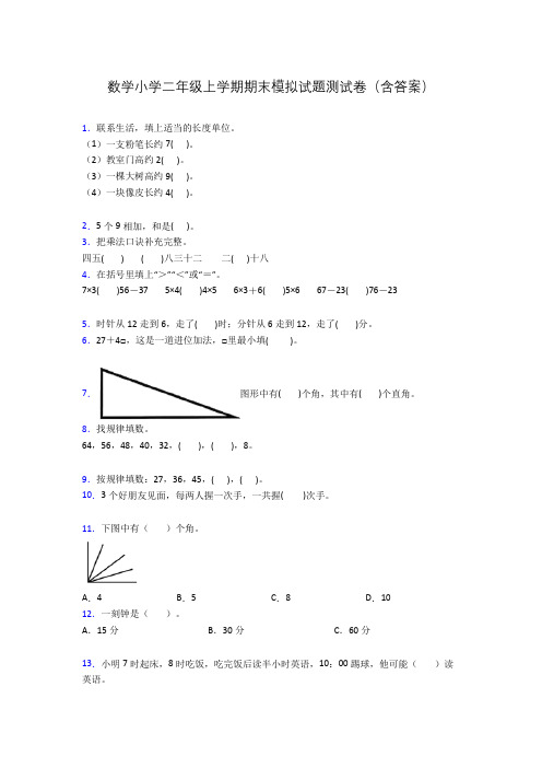 数学小学二年级上学期期末模拟试题测试卷(含答案)