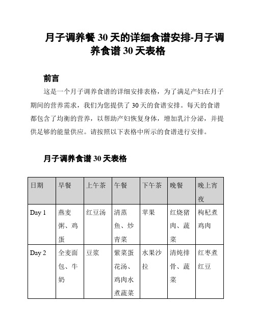 月子调养餐30天的详细食谱安排-月子调养食谱30天表格