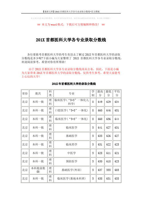 【最新文档】201X首都医科大学各专业录取分数线-范文模板 (10页)