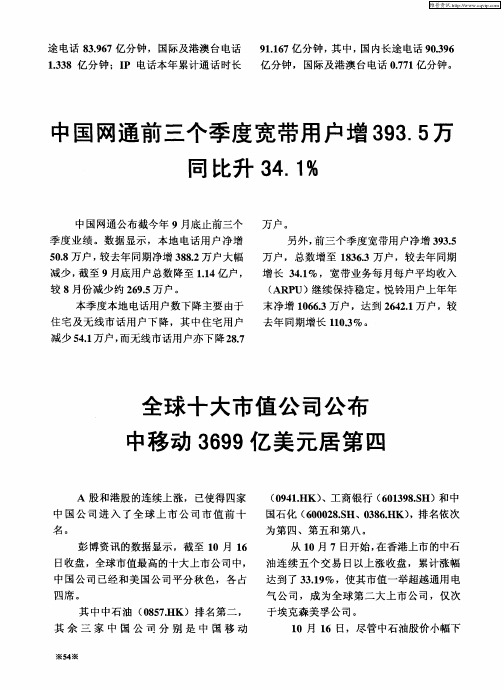 全球十大市值公司公布中移动3699亿美元居第四