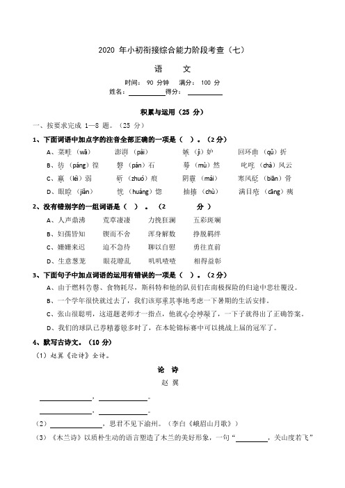 六年级下册语文试题-2020初一新生入学摸底考试(七)(含答案解析)全国通用