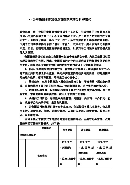 公司集团总部定位及管控模式的分析和建议