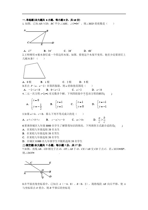 2011-2012学年七年级下册数学期末考试模拟卷(二)人教版(含答案)