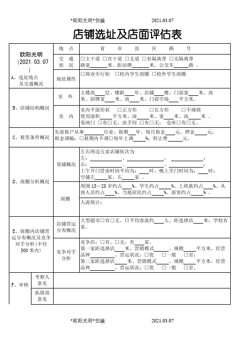 2021年店铺选址及店面评估表