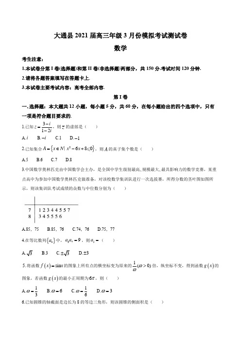 青海省西宁市大通回族土族自治县2021届高三一模拟考试数学(理)试题