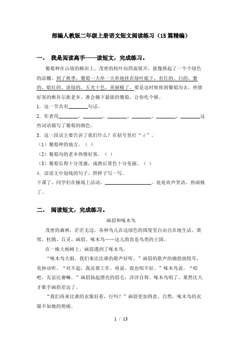 部编人教版二年级上册语文短文阅读练习(15篇精编)