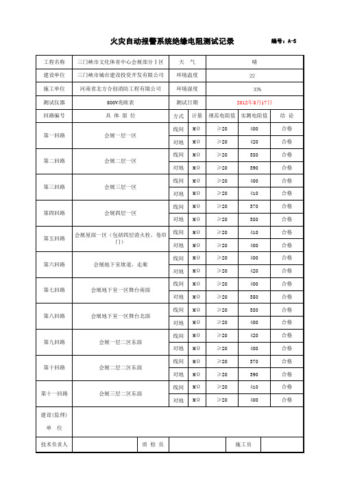 火灾自动报警系统绝缘电阻测试记录