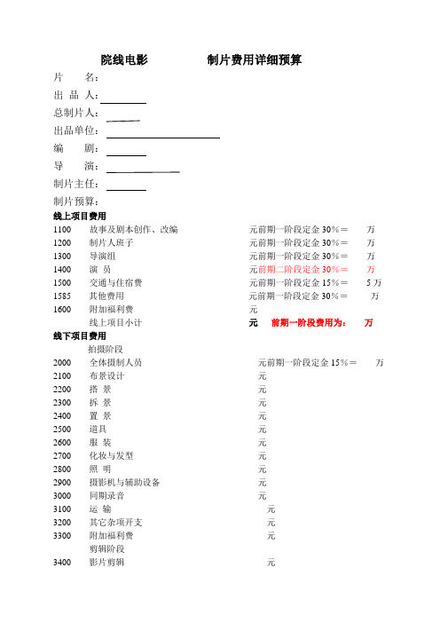 制片费用预算表