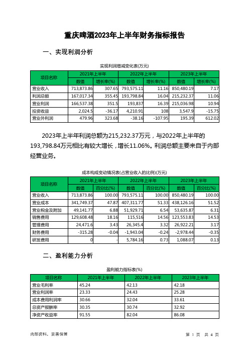 600132重庆啤酒2023年上半年财务指标报告