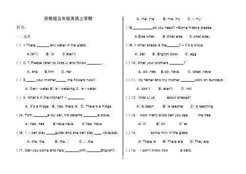 苏教版五年级牛津5a英语上学期期末重点练习