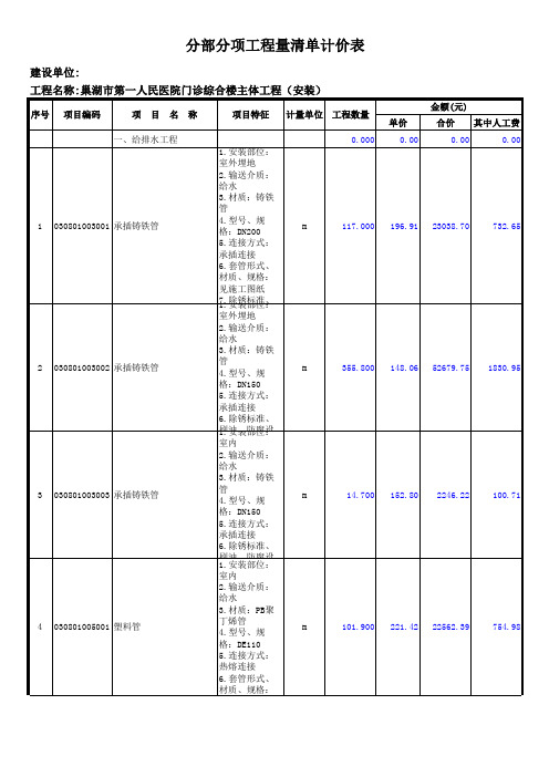 巢湖市第一人民医院门诊综合楼主体工程(安装)安装分部分项工程量清单计价表