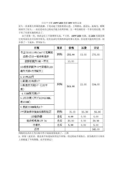 日立7寸屏100W LED投影DIY制作记录